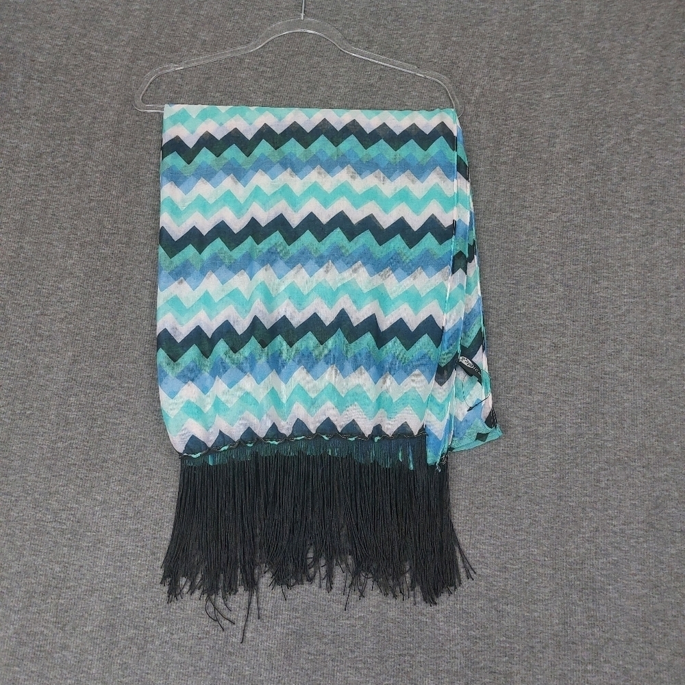 RUE21 WOMENS Y2K TEAL BLUE WHITE BLACK SHEER CHEVRON FRINGE SCARF 34×68
